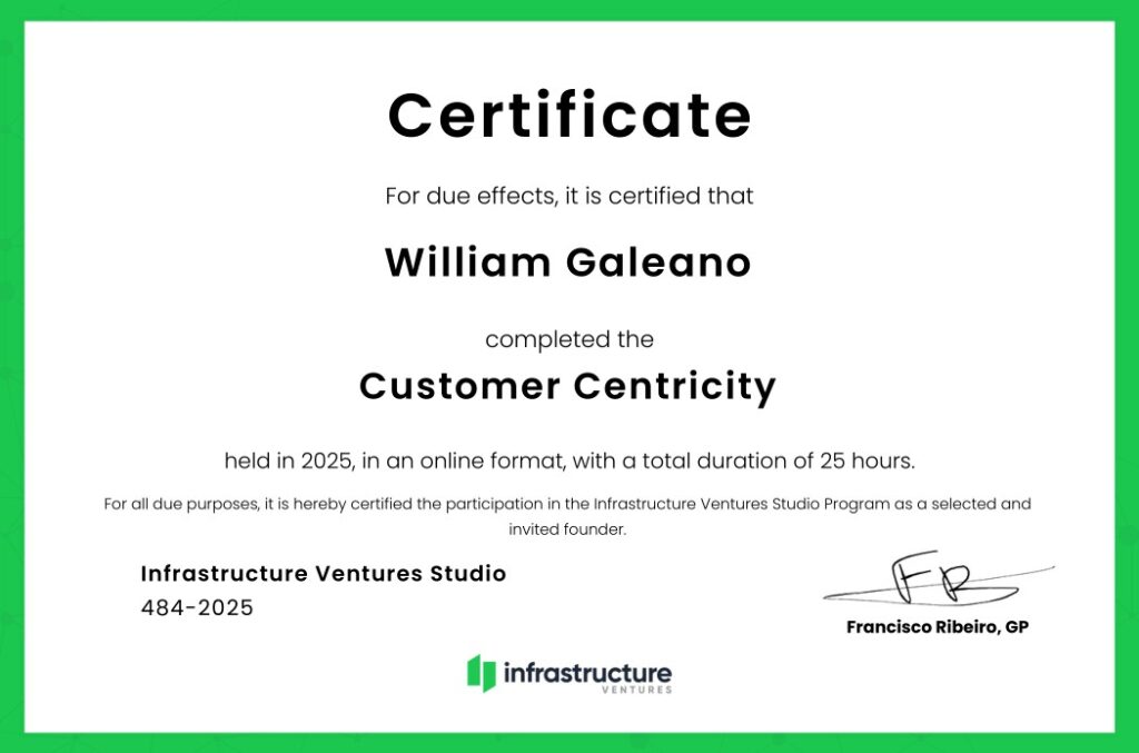 Certificate of participation of Arcadia Global in the Infrastructure Ventures incubation process