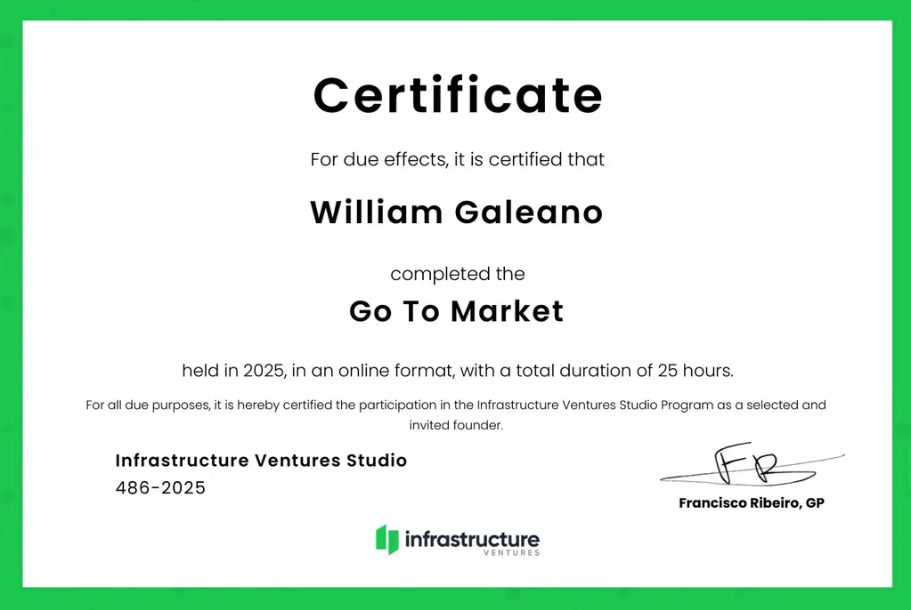 Certificate of participation of Arcadia Global in the Infrastructure Ventures incubation process - module 2